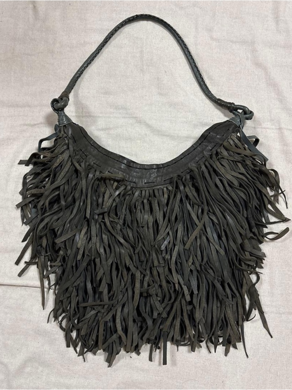 Fringed Black Leather Shoulder Bag